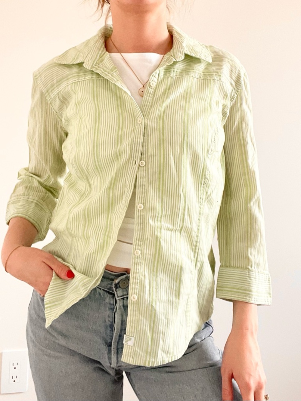Vintage Lily Cotton Light Green Striped Button-Up Shirt